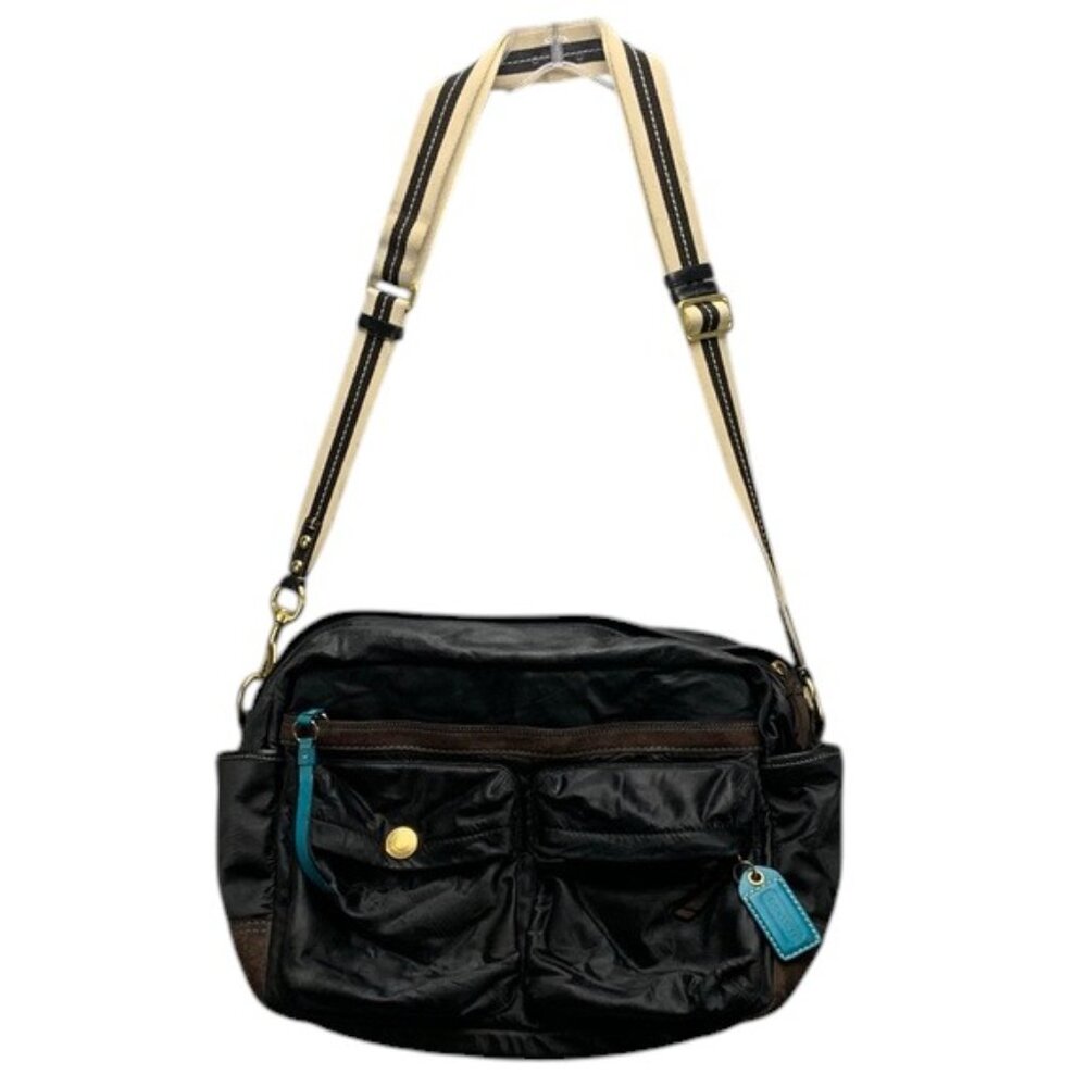 Coach Hampton Messenger Bag Women’s Medium Black Satin Brown Suede Vintage Purse